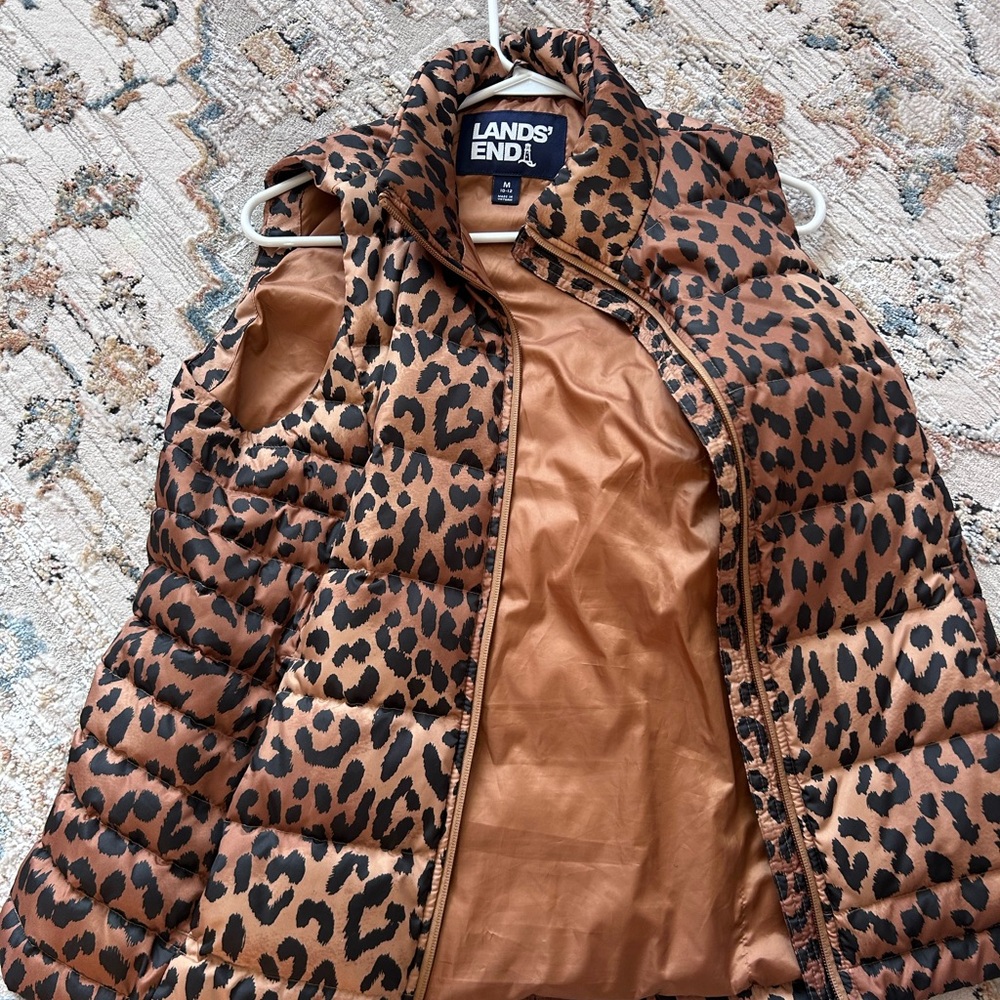 Lands' End Women's Brown Leopard Puffer Vest